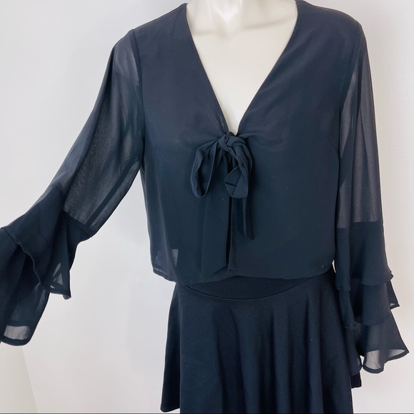 CHARLOTTE RUSSE Tie front shirt SHEER KNIT solid black LAYERED SLEEVES dressy M - Picture 11 of 11